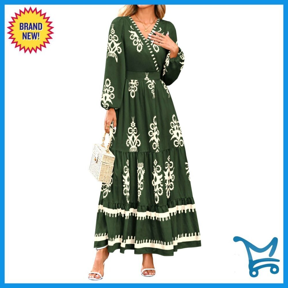Boho Floral Maxi Dress Elegant V Neck Long Sleeve Wedding Guest Formal